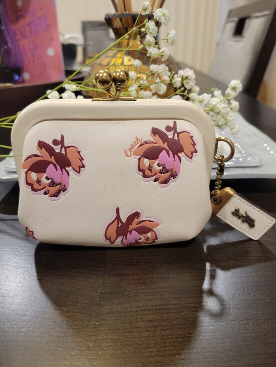 Coach Handbags - Coach Cream Floral Kisslock Coin Pouch with Pink & Brown Accents